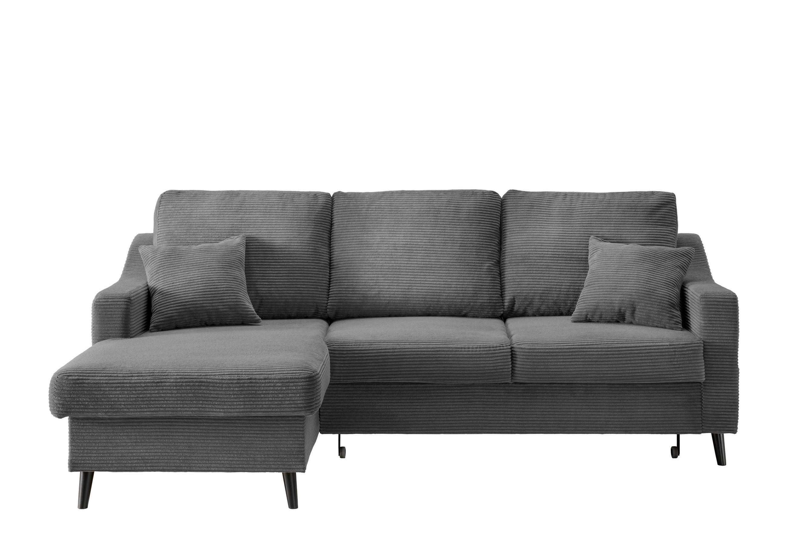 ECKSOFA Grau Cord Zierkissen, Rückenkissen, Bettkasten, Schlaffunktion, Rücken echt, Stauraum, Liegefläche im Originalstoff  - Schwarz/Grau, Design, Holz/Textil (150/228cm) - P & B