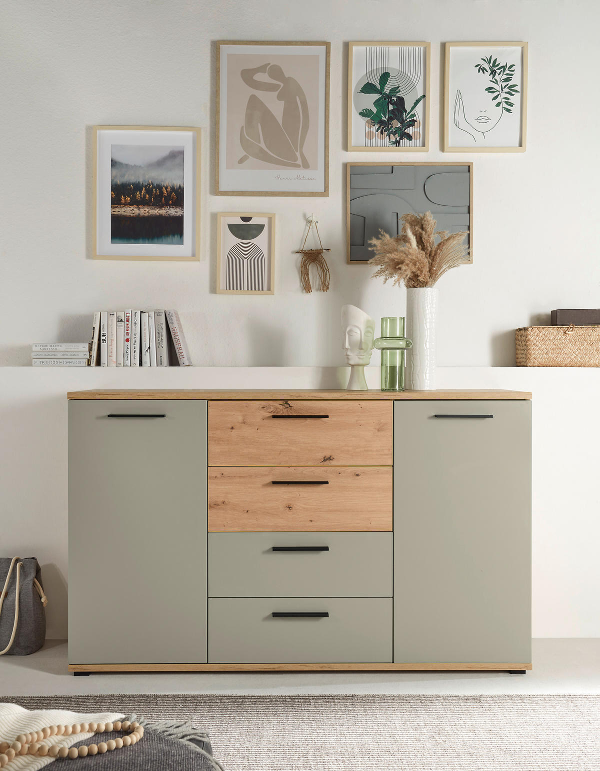 SIDEBOARD  150/92/38 cm 4 Schublade(n)  - Salbeigrün/Schwarz, Konventionell, Holzwerkstoff/Kunststoff (150/92/38cm) - Xora