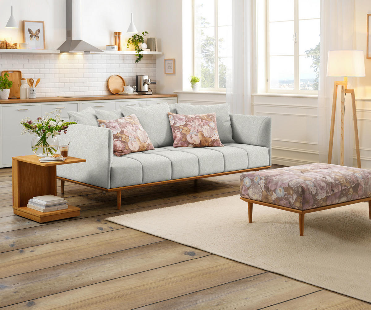 BIGSOFA Flachgewebe Hellgrau  - Hellgrau, MODERN, Holz/Textil (220/77/120cm) - Joka