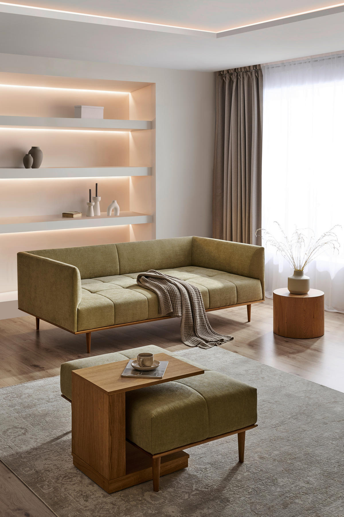 BIGSOFA  in Flachgewebe Grün  - Eichefarben/Grün, Design, Holz/Textil (220/77/120cm) - Joka