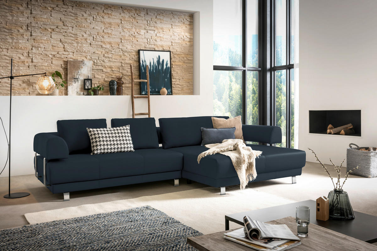 ECKSOFA in Echtleder Dunkelblau  - Dunkelblau, Design, Leder/Metall (307/188cm)