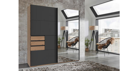 SCHWEBETÜRENSCHRANK  in Graphitfarben, Eiche Artisan  - Graphitfarben/Eiche Artisan, KONVENTIONELL, Glas/Holzwerkstoff (180/198/65cm) - Carryhome