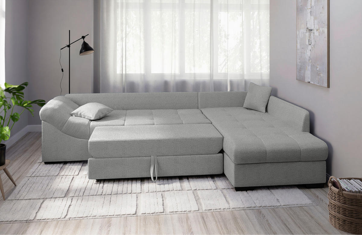 ECKSCHLAFSOFA in Chenille Silberfarben  - Silberfarben/Schwarz, MODERN, Holz/Textil (298/202cm) - MID.YOU