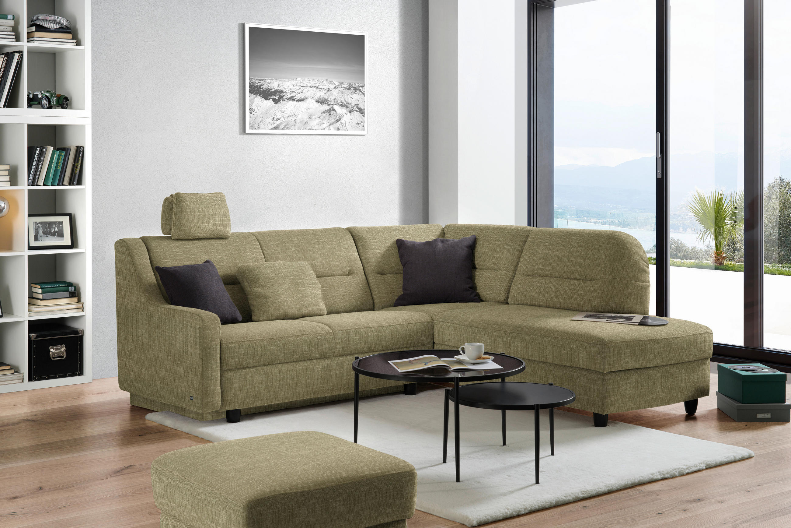 ECKSOFA in Chenille Olivgrün  226/208 cm  - Schwarz/Olivgrün, KONVENTIONELL, Textil (226/208cm) - Sedda