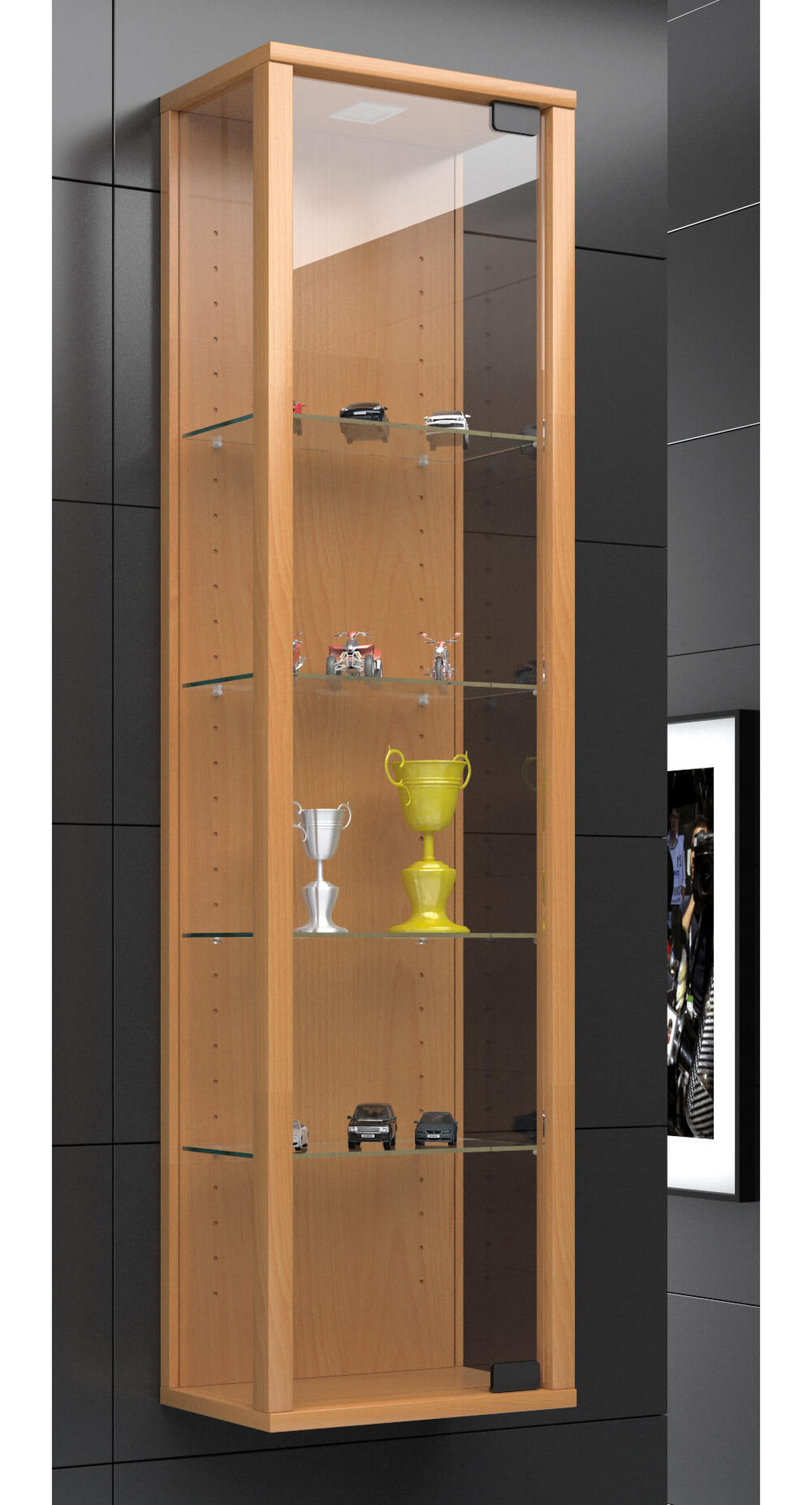 VISEČA VITRINA, barve bukve - črna/barve bukve, Design, umetna masa/steklo (33/113/18cm) - MID.YOU
