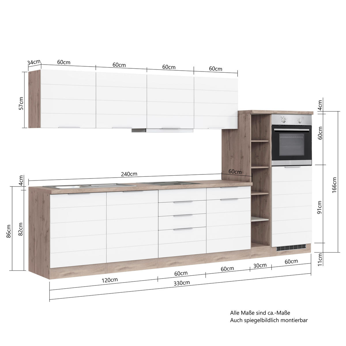 KÜCHENBLOCK 330 cm   in Grau, Eiche Wotan  - Eiche Wotan/Grau, Design, Holzwerkstoff/Metall (330cm) - Held