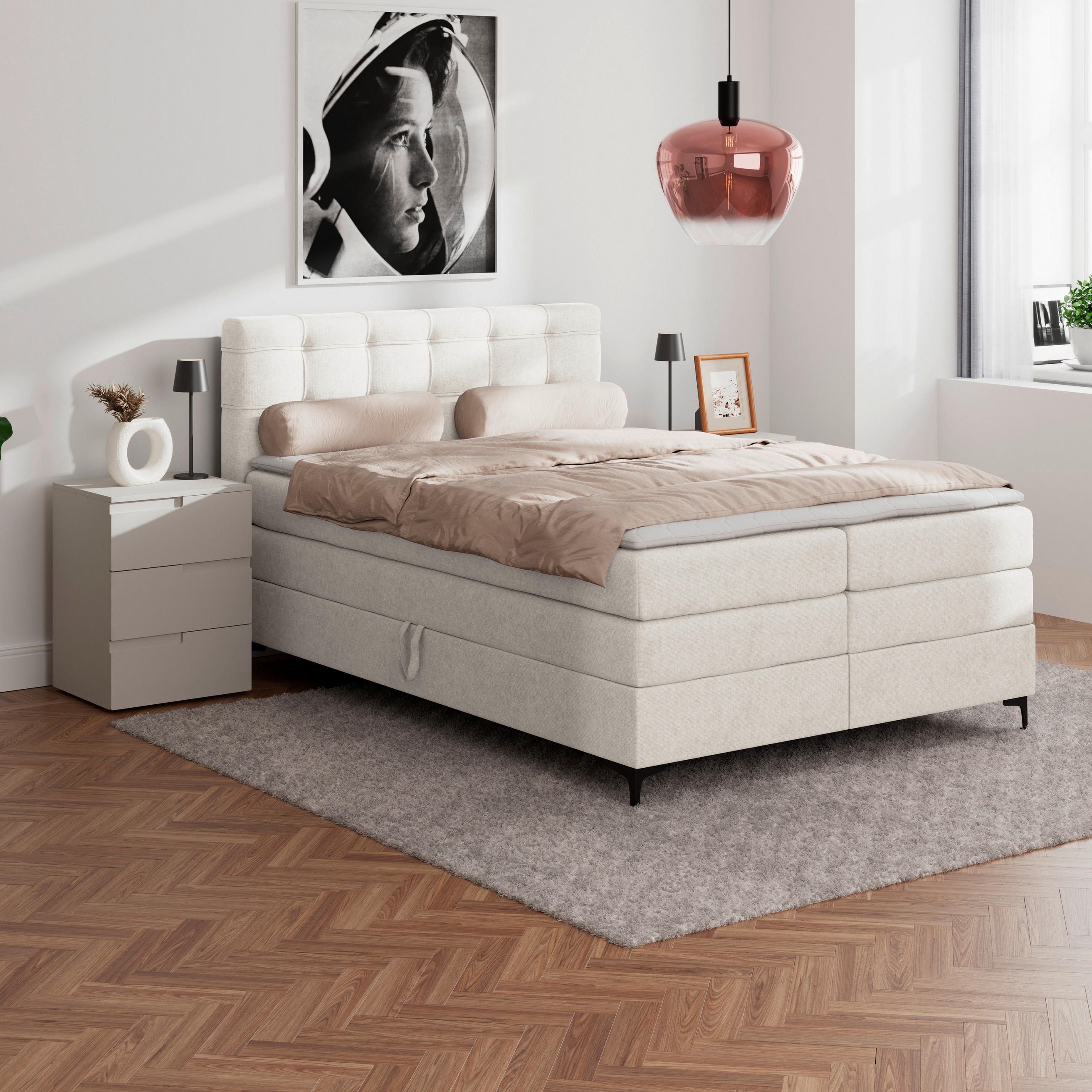 BOXSPRINGBETT 140/200 cm,  in Creme, H3 = fest  - Creme/Schwarz, KONVENTIONELL, Kunststoff/Textil (140/200cm)