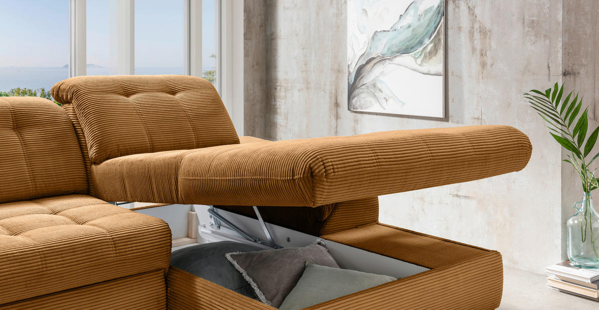 ECKSCHLAFSOFA in Cord Goldfarben  - Goldfarben/Schwarz, Modern, Textil/Metall (273/189cm) - Livetastic