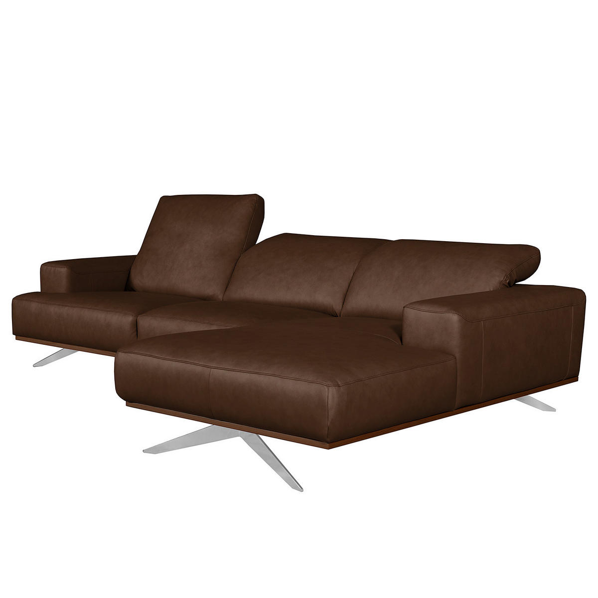 ECKSOFA Dunkelbraun Echtleder Rücken echt, Kopfteilverstellung  - Chromfarben/Dunkelbraun, Design, Leder/Metall (295/187cm) - Livetastic