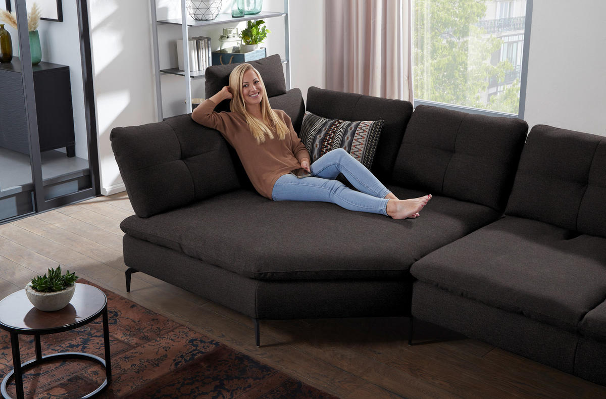 ECKSOFA in Flachgewebe Schwarz  - Schwarz, Design, Textil/Metall (157/344cm) - Chilliano