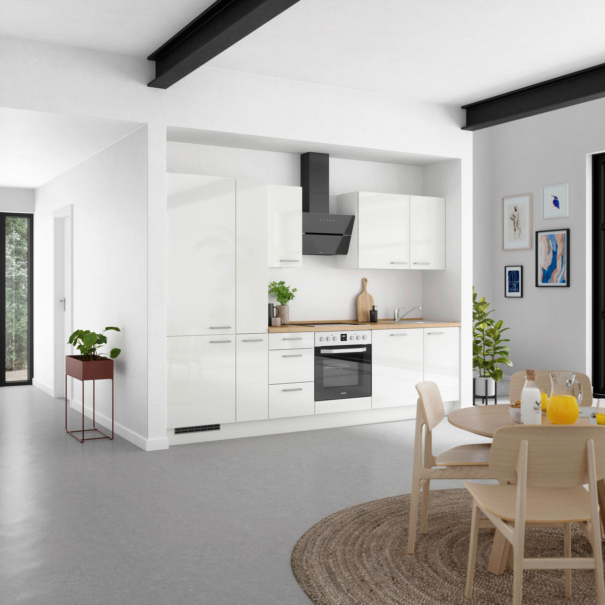 KÜCHENLEERBLOCK 300 cm   in Eichefarben, Weiß Hochglanz  - Edelstahlfarben/Eichefarben, MODERN, Holzwerkstoff/Metall (300cm) - Nobilia