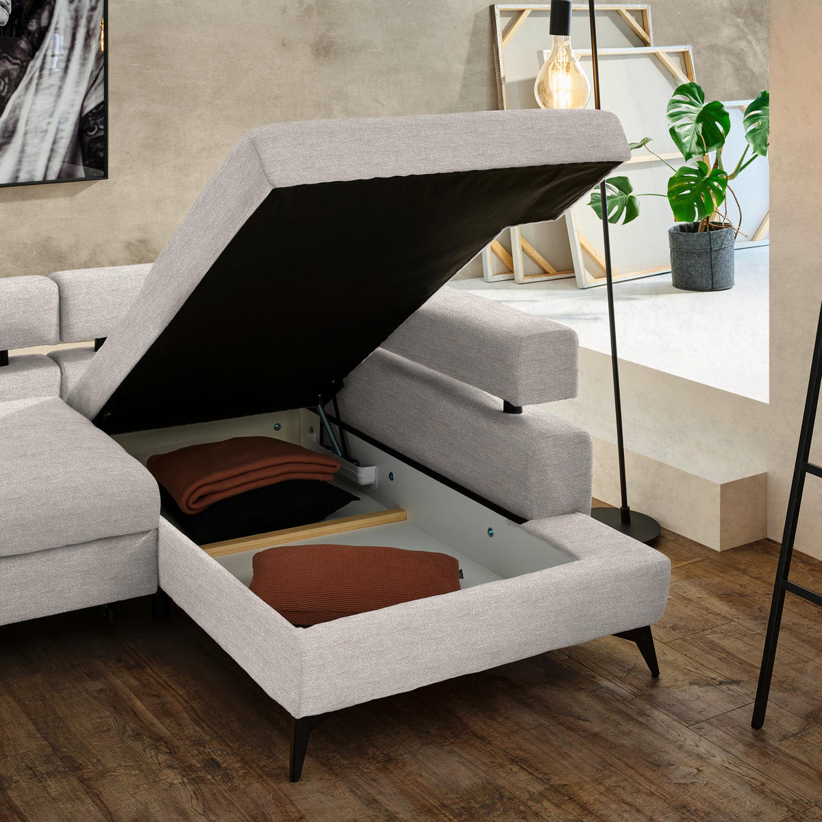ECKSOFA in Chenille Beige  - Beige/Schwarz, Konventionell, Textil/Metall (265/184cm) - Hom`in