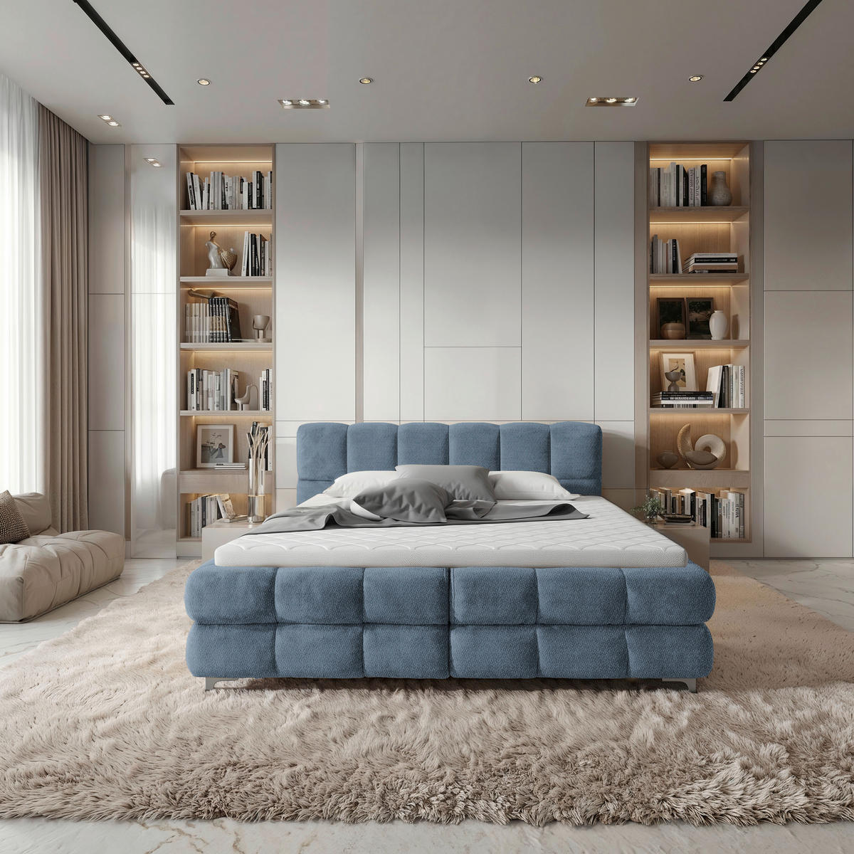 BOXBETT 160/200 cm,  in Blaugrau, gepolstertes Kopfteil, Bettkasten, Topper, H3 + H3 = fest  - Blaugrau/Schwarz, Design, Textil/Metall (160/200cm) - Ti'me