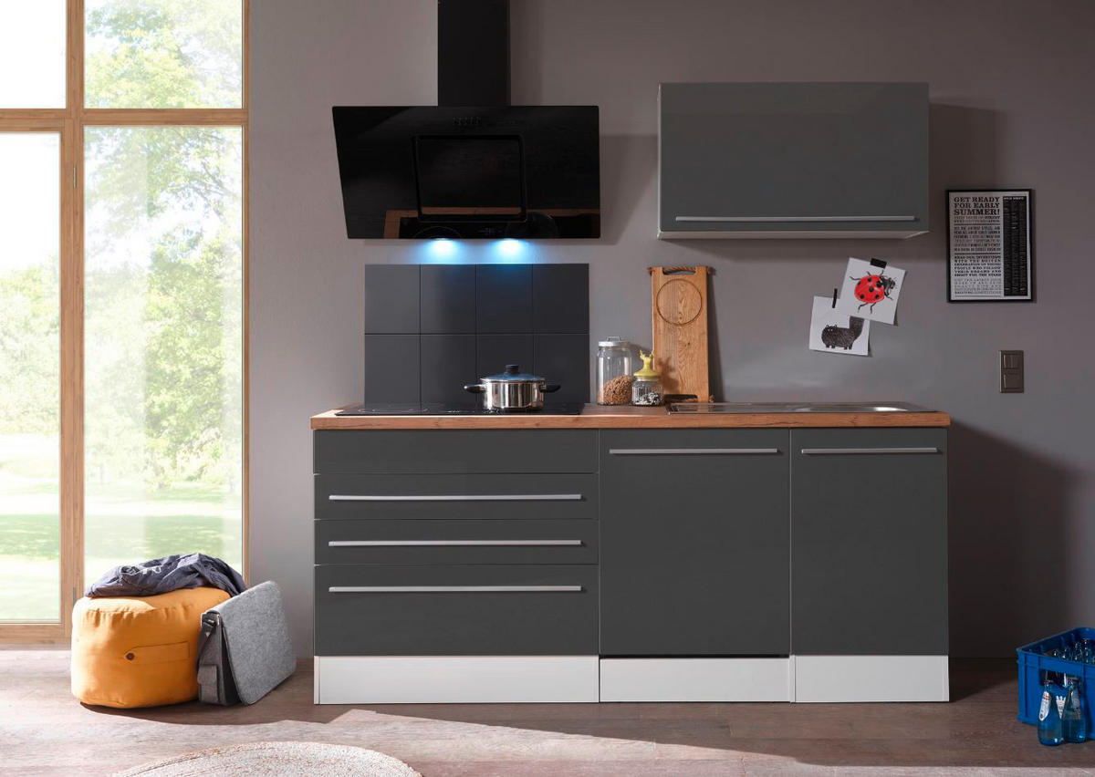 KÜCHENBLOCK 320 cm   in Grau, Weiß, Wildeiche  - Wildeiche/Edelstahlfarben, Basics, Holzwerkstoff/Kunststoff (320cm) - Respekta