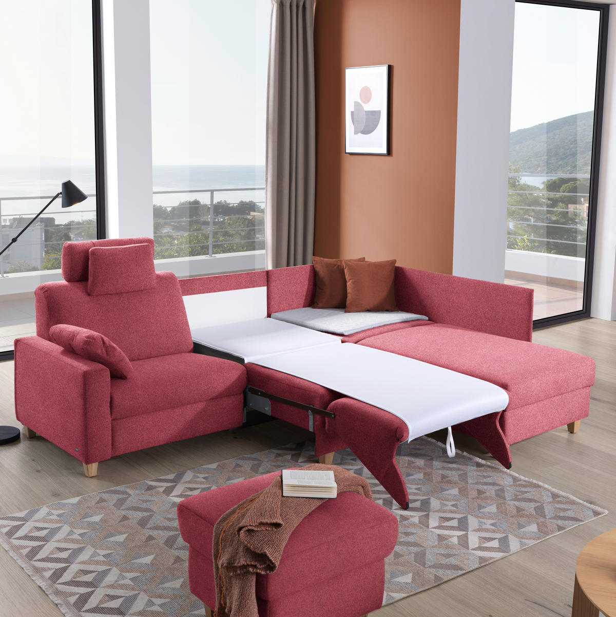 ECKSOFA in Flachgewebe Bordeaux  261/203 cm  - Eichefarben/Bordeaux, KONVENTIONELL, Holz/Textil (261/203cm) - Sedda