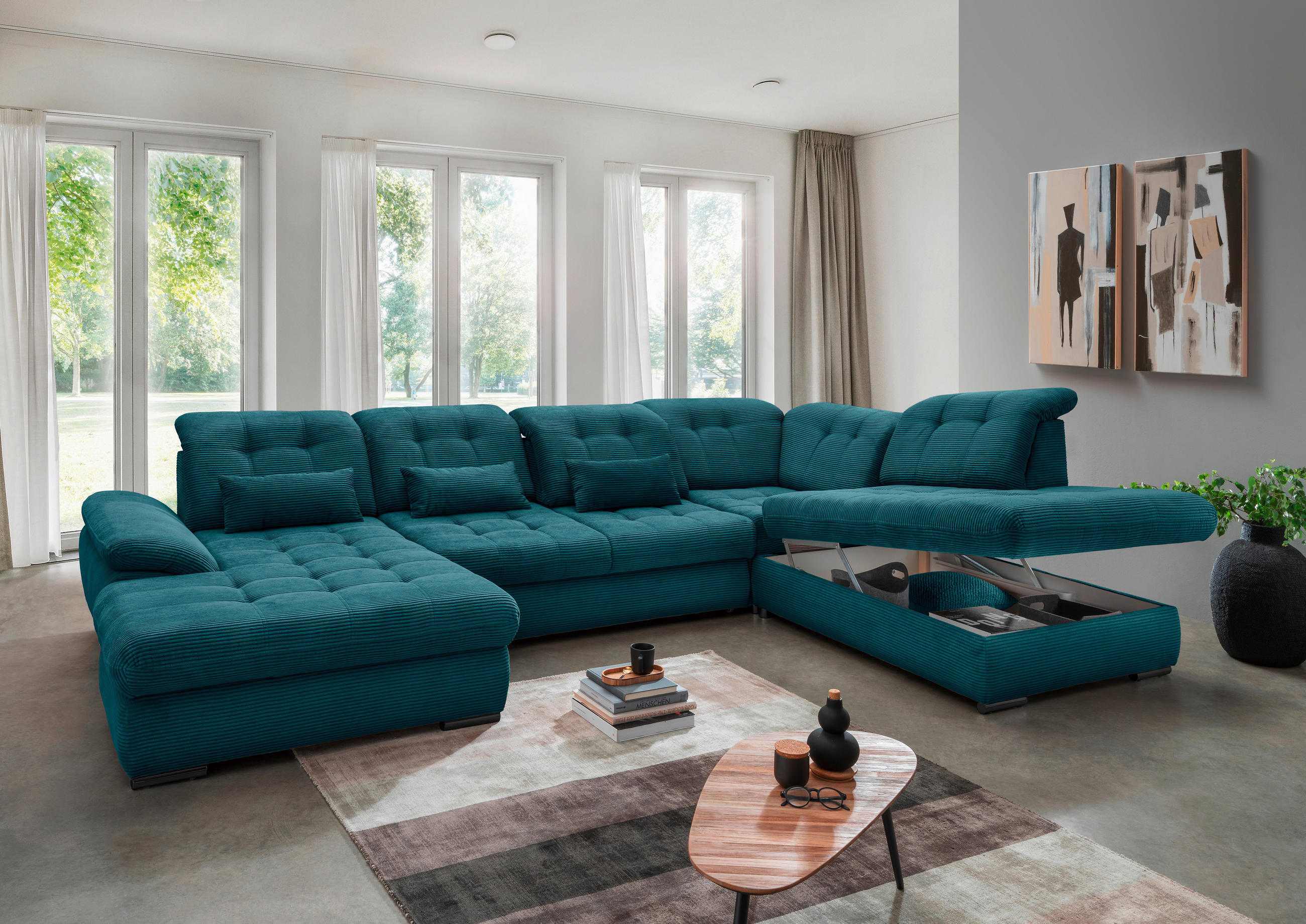 WOHNLANDSCHAFT in Cord Petrol  - Petrol/Schwarz, Modern, Textil/Metall (184/387/252cm) - Livetastic