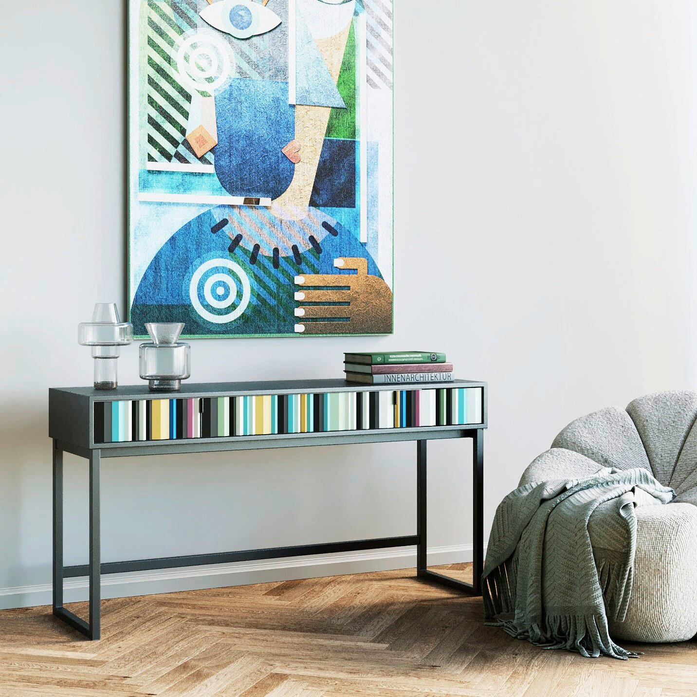 KONSOLENTISCH Recyclingholz massiv Multicolor  - Multicolor/Schwarz, Holz/Metall (135,50/40/78cm) - Kare-Design