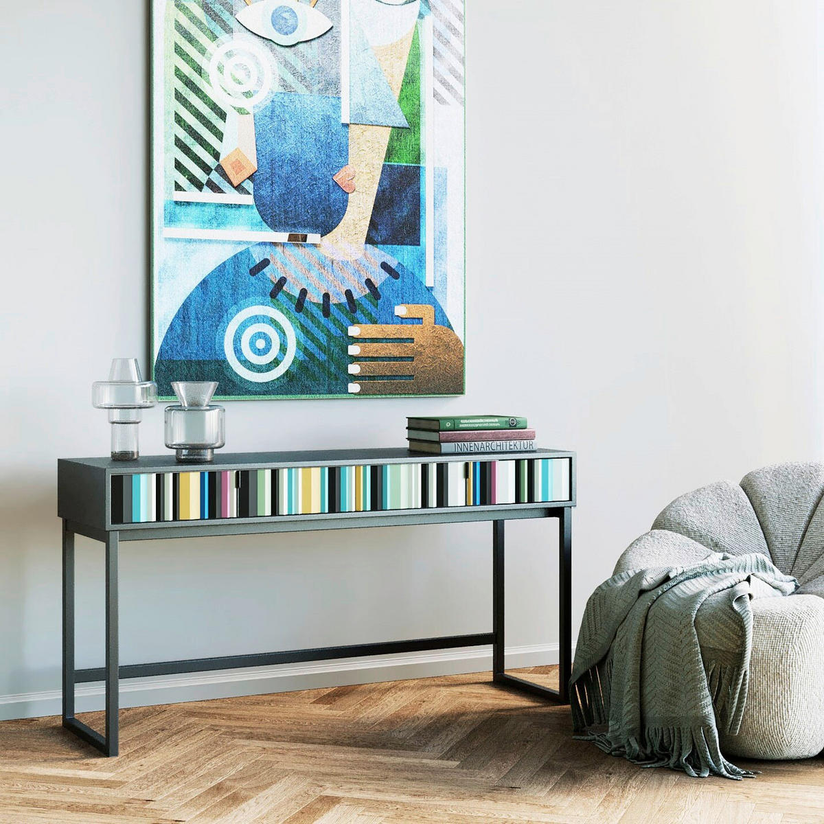 KONSOLENTISCH Recyclingholz massiv Multicolor  - Multicolor/Schwarz, Holz/Metall (135,50/40/78cm) - Kare-Design