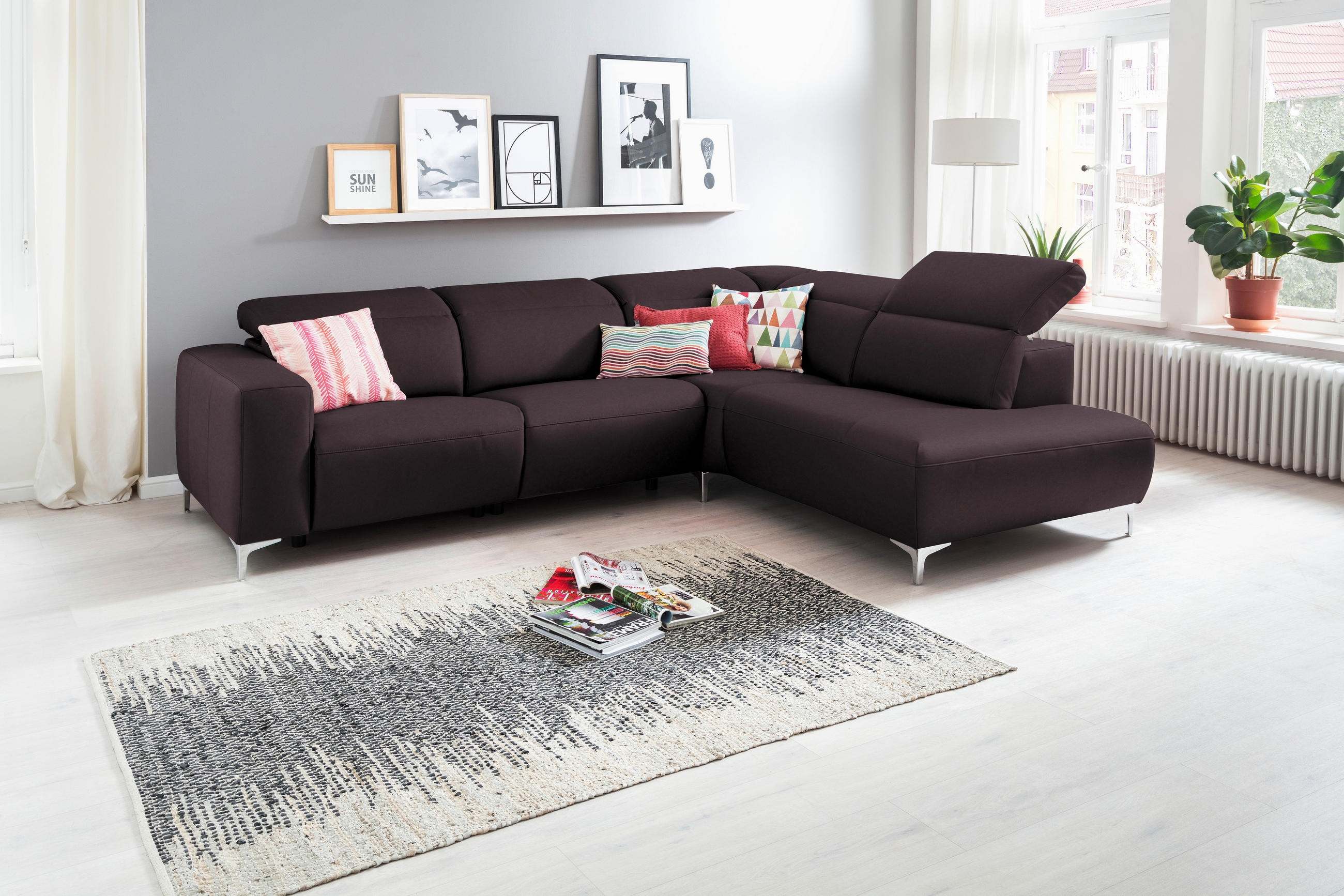 ECKSOFA Braun Echtleder  - Chromfarben/Braun, Design, Leder/Metall (290/223cm) - Pure Home Lifestyle
