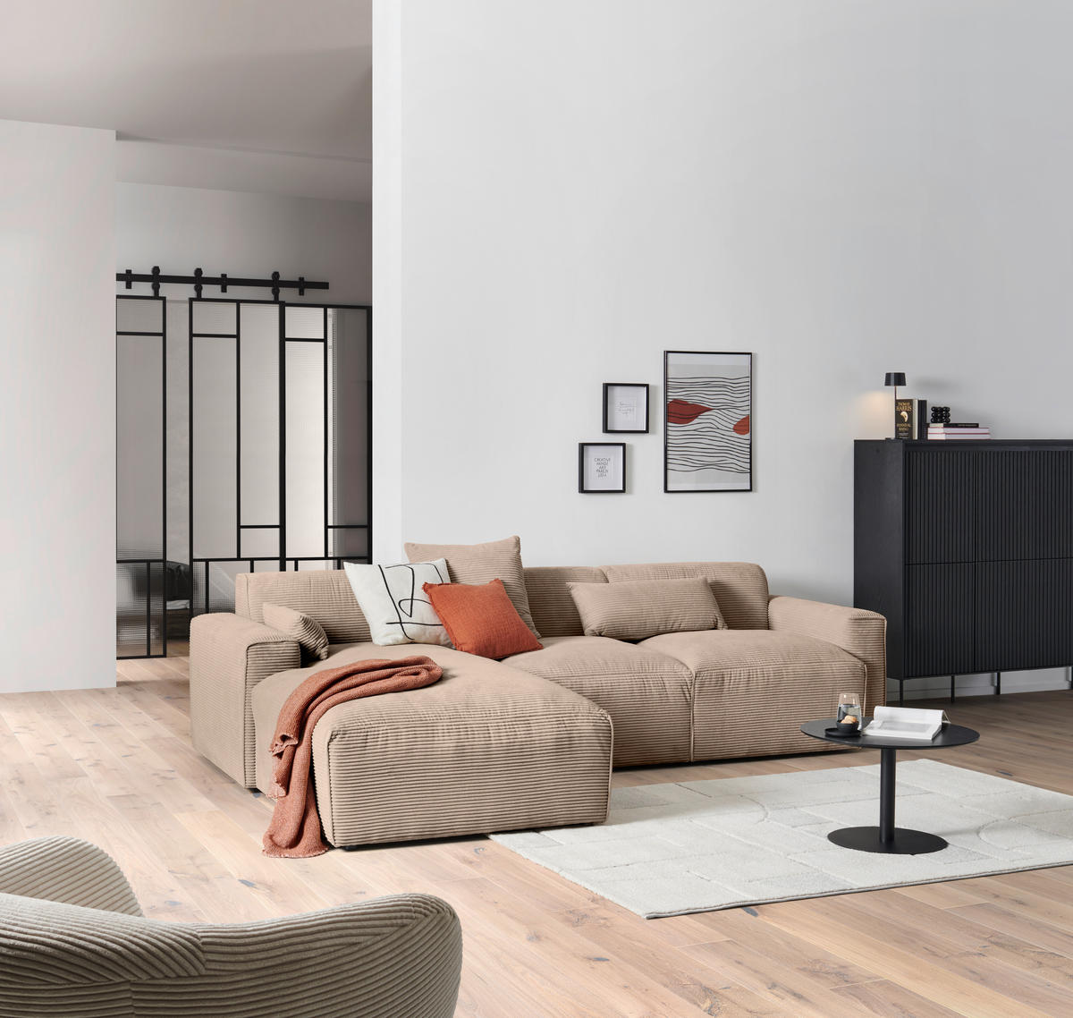ECKSOFA in Cord Hellbraun  - Hellbraun/Schwarz, Design, Kunststoff/Textil (196/303cm) - Livetastic