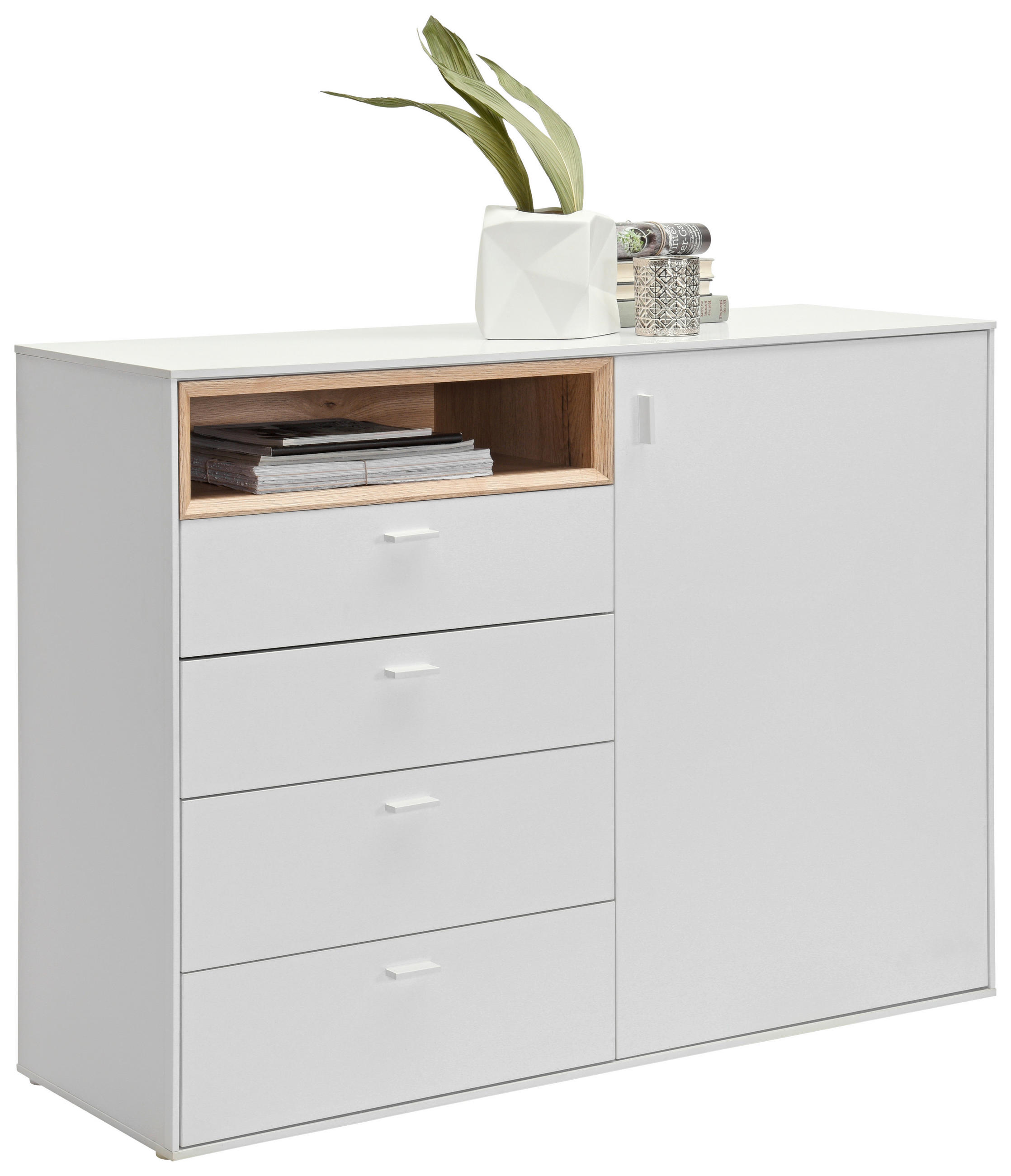 KOMODA, bílá, barvy dubu, 121/92,8/43 cm - bílá/barvy stříbra, Design, kompozitní dřevo/plast (121/92,8/43cm) - Hom`in