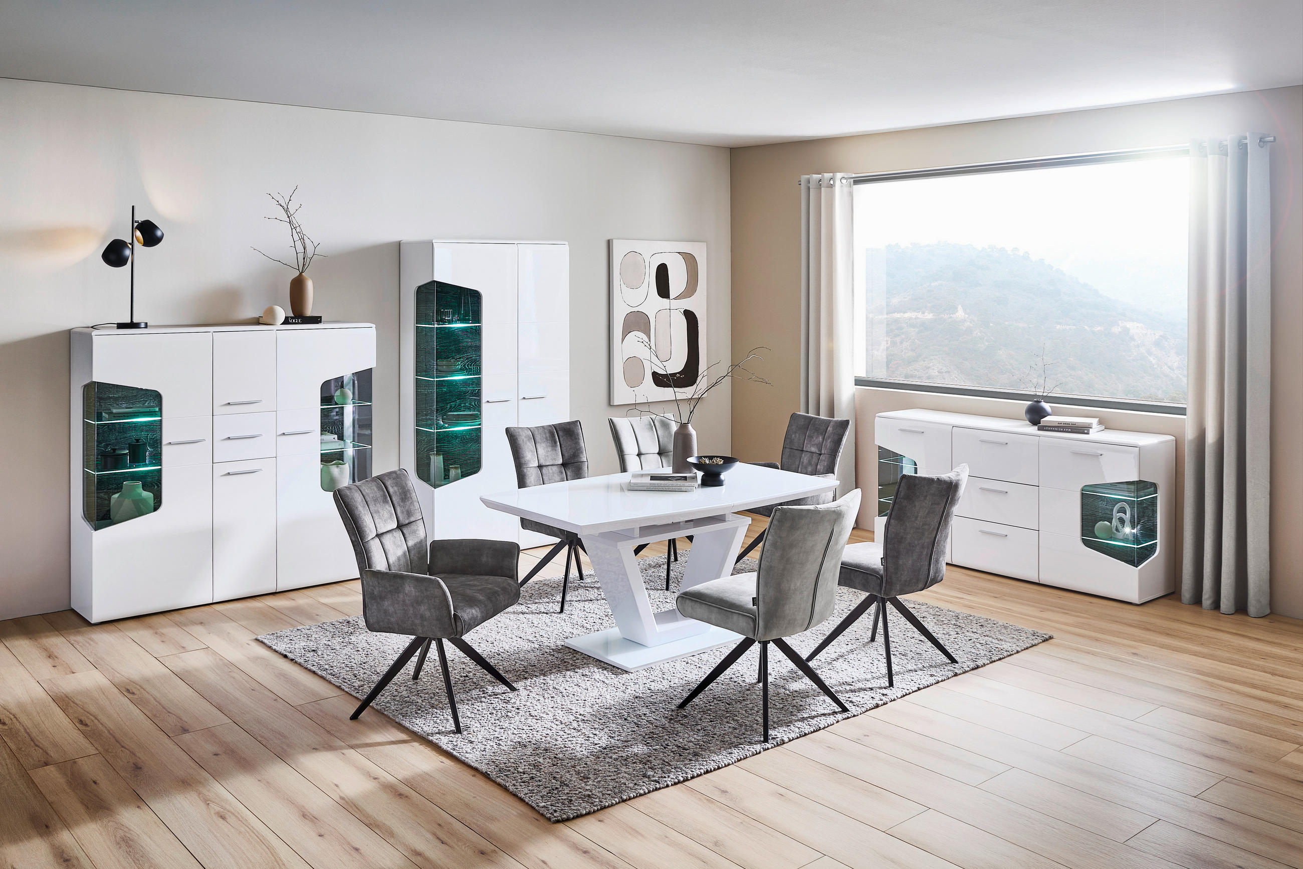 HIGHBOARD  in 155/150/41 cm  - Eichefarben/Weiß Hochglanz, Design, Glas/Holz (155/150/41cm) - Hom`in