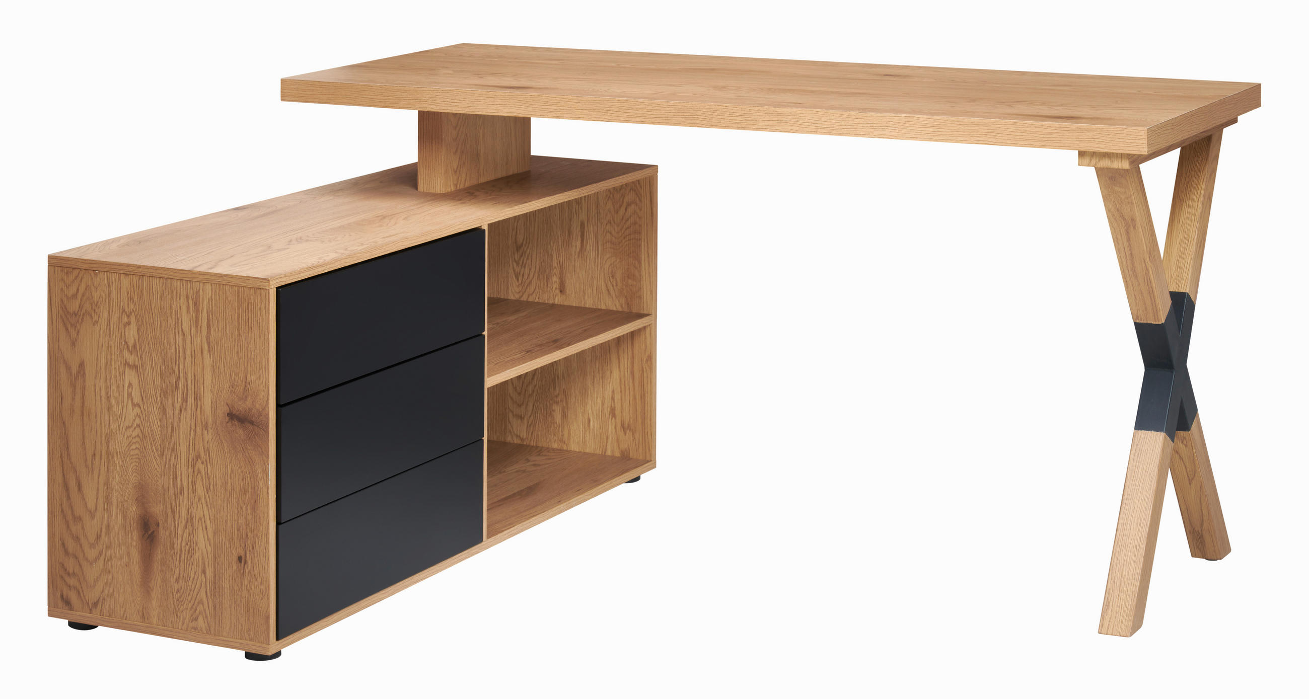 ECKSCHREIBTISCH  in Schwarz, Eichefarben  - Eichefarben/Schwarz, MODERN, Holzwerkstoff/Metall (150/75/120cm) - MID.YOU