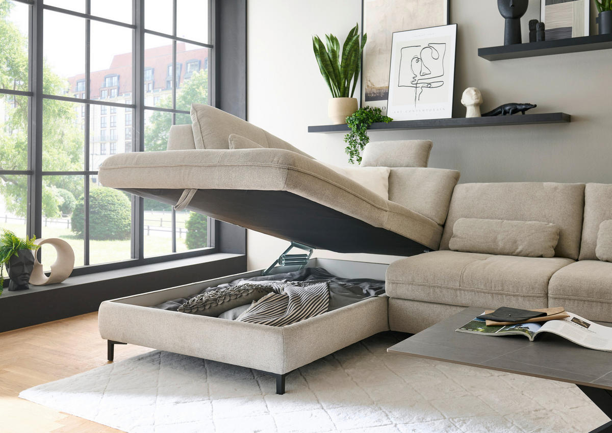 ECKSOFA  in Flachgewebe Sandfarben  214/308 cm  - Sandfarben/Schwarz, Design, Textil/Metall (214/308cm) - Beldomo Speed