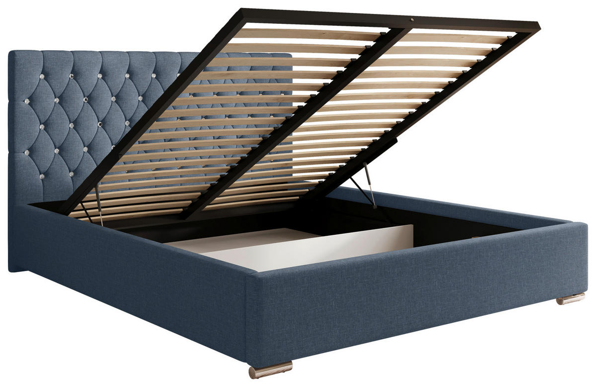POLSTERBETT 200/200 cm,  in Dunkelblau, gepolstertes Kopfteil, Lattenrost, Bettkasten,  - Chromfarben/Schwarz, MODERN, Holz/Kunststoff (200/200cm) - Chameo