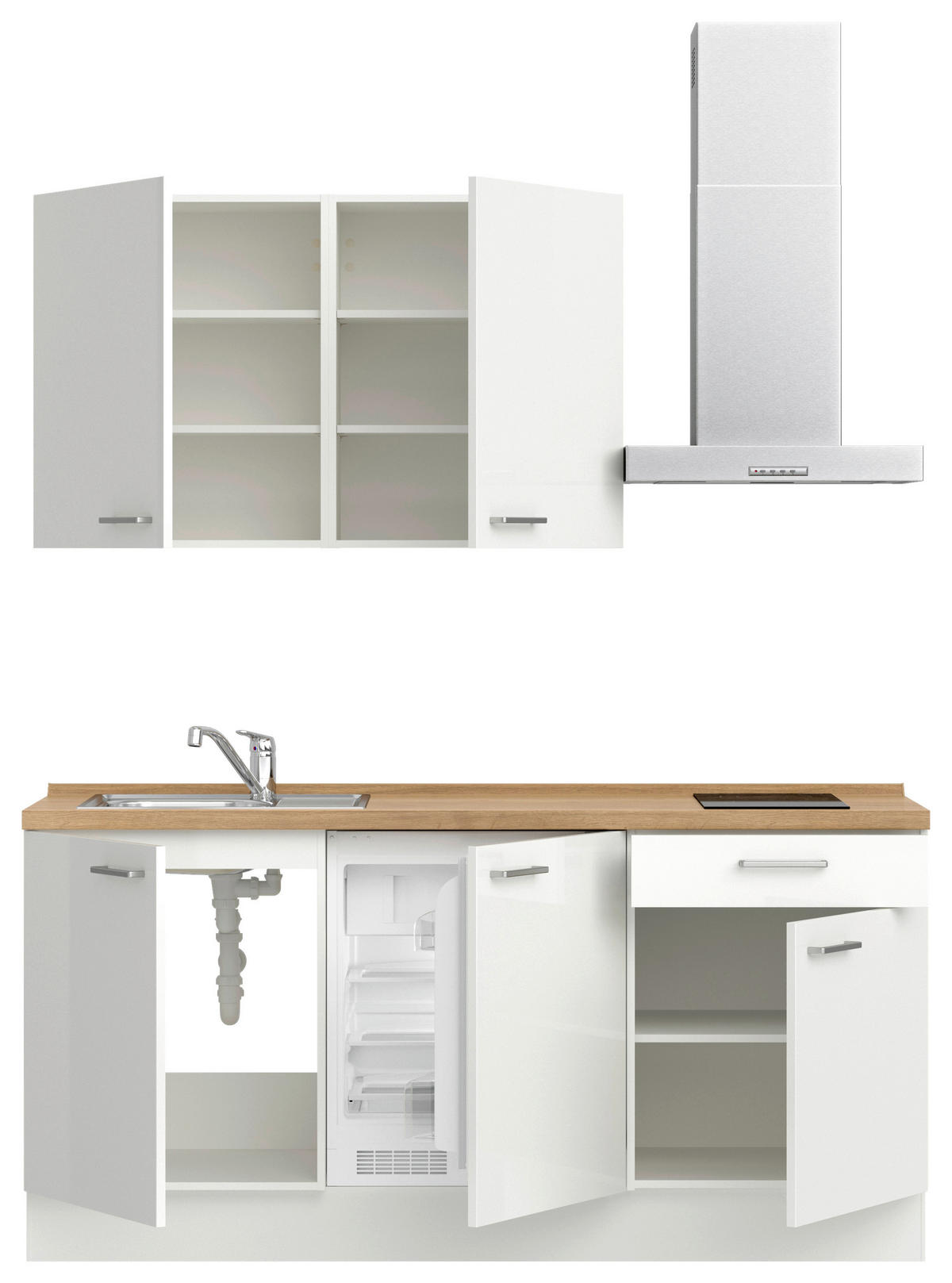 KÜCHENBLOCK Flash 180 cm  in Eichefarben, Weiß Hochglanz  - Edelstahlfarben/Eichefarben, MODERN, Holzwerkstoff/Metall (180cm) - Nobilia