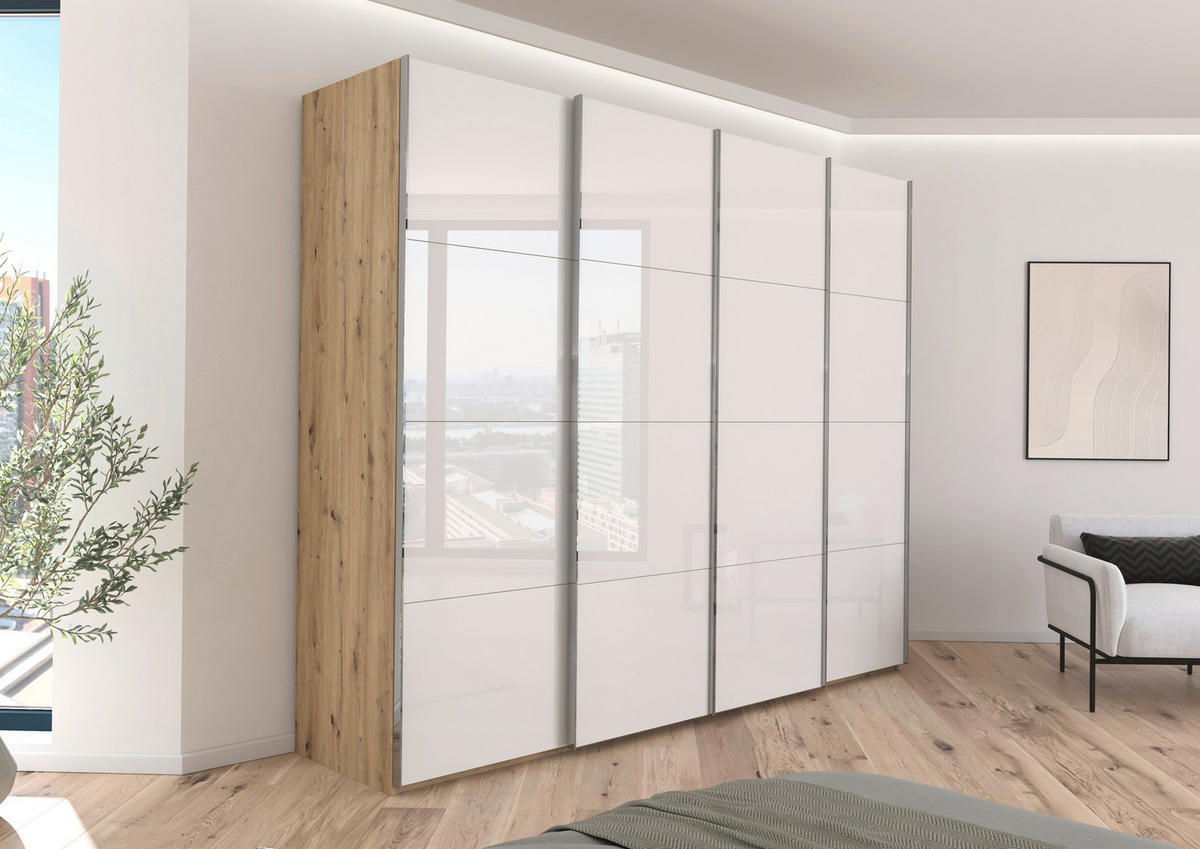 SCHWEBETÜRENSCHRANK 271/235/68 cm 4-türig Weiß, Eiche Artisan  - Chromfarben/Weiß, Design, Glas/Holzwerkstoff (271/235/68cm) - Novel