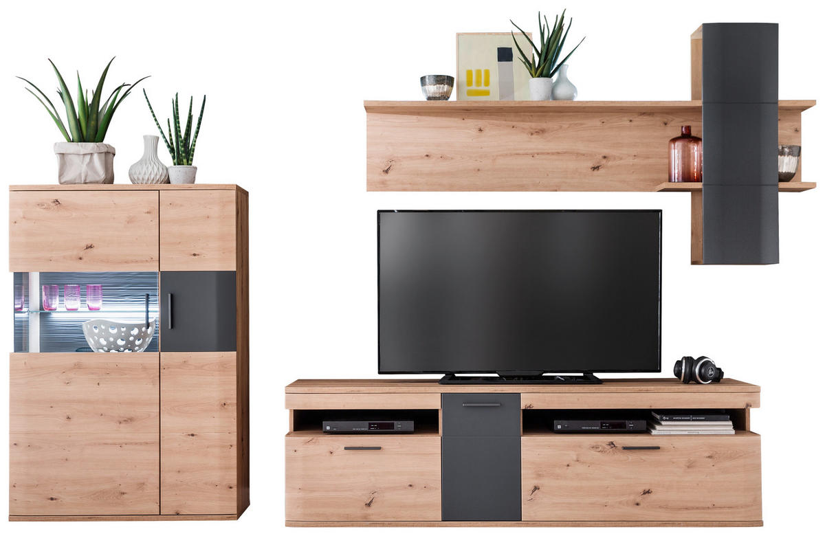 WOHNWAND  in Anthrazit, Klar, Eichefarben  310/198/50 cm  - Klar/Eichefarben, Design, Glas/Holzwerkstoff (310/198/50cm) - Livetastic