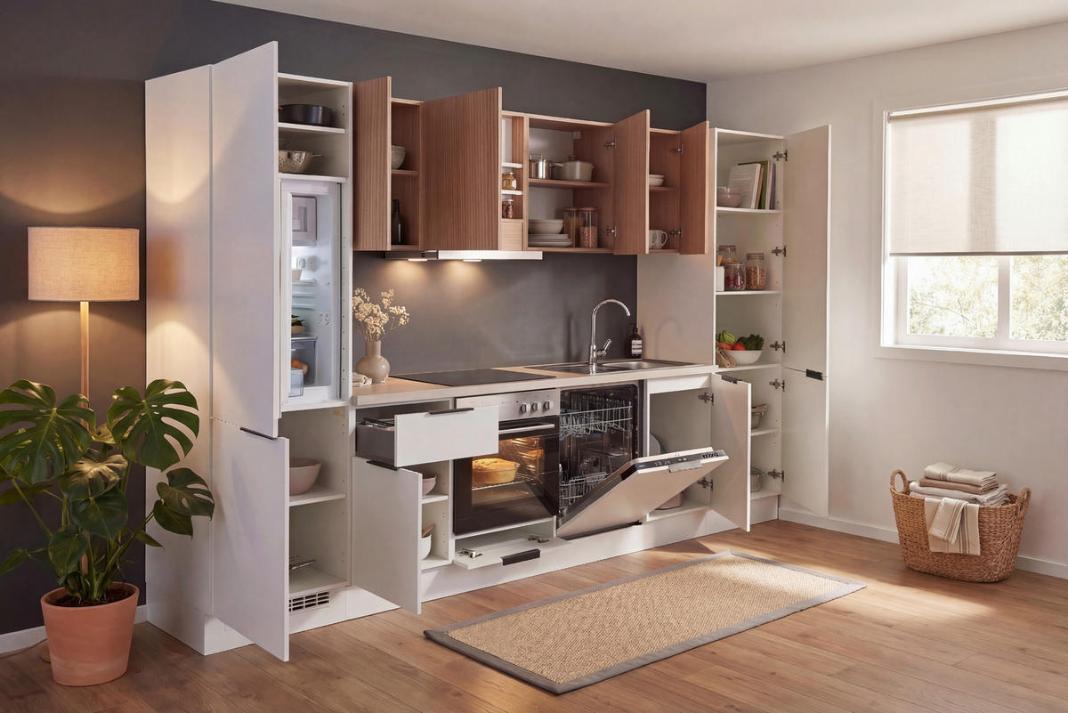 KÜCHENLEERBLOCK 340 cm  in Weiß, Eichefarben  - Eichefarben/Beige, Design, Holzwerkstoff/Metall (340cm) - P & B