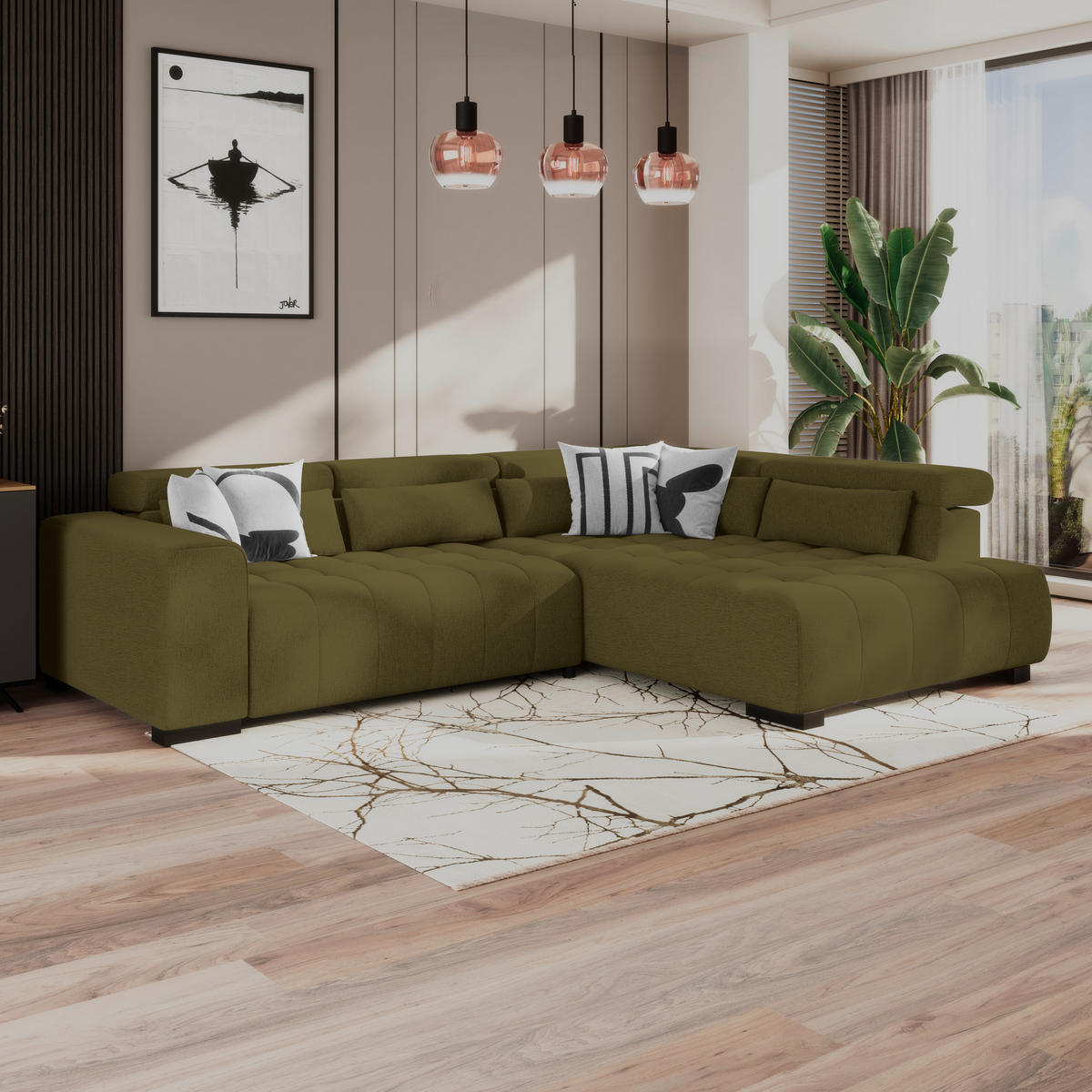 ECKSOFA MATERA Olivgrün Chenille, Struktur Nierenkissen, Kopfteilverstellung, Sitzvorzug  - Schwarz/Olivgrün, Trend, Holz/Textil (311/226cm) - MID.YOU