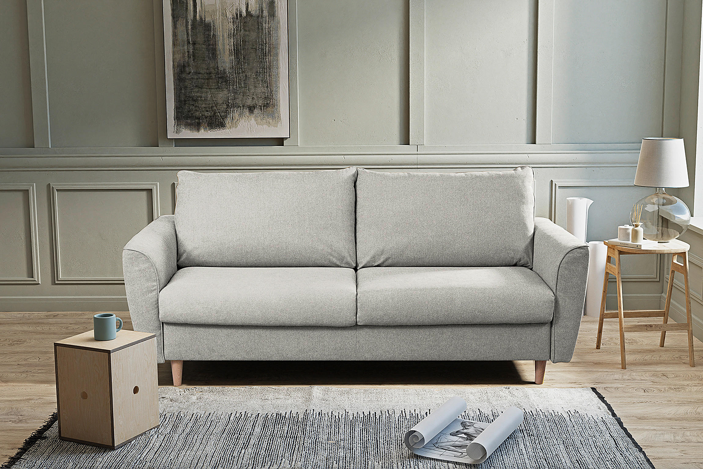 SCHLAFSOFA Flachgewebe Hellgrau  - Buchefarben/Hellgrau, Design, Holz/Textil (195/90/102cm) - Livetastic