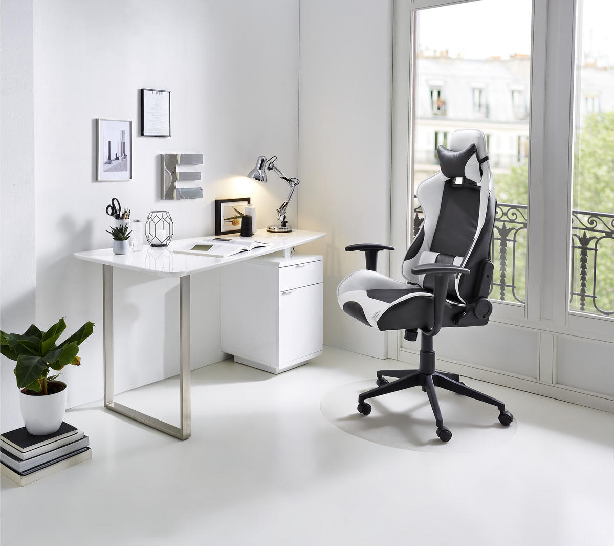 GAMER SZÉK  bőrhatású textil fekete, fehér  - fekete/fehér, Design, műanyag/textil (70/129-138/59cm) - Voleo