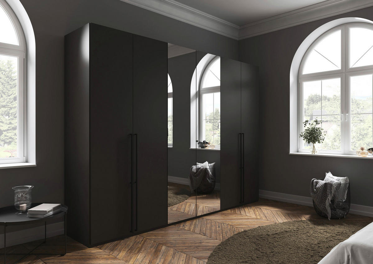 DREHTÜRENSCHRANK 301/223/61 cm,  in Graphitfarben, 6-türig  - Chromfarben/Schwarz, Basics, Glas/Holzwerkstoff (301/223/61cm) - Novel