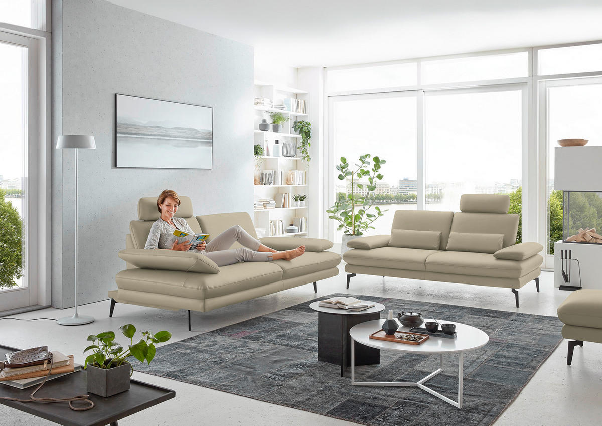 3-SITZER-SOFA in Echtleder Creme, Naturfarben  - Creme/Schwarz, Design, Leder/Metall (222/86/104cm) - Dieter Knoll