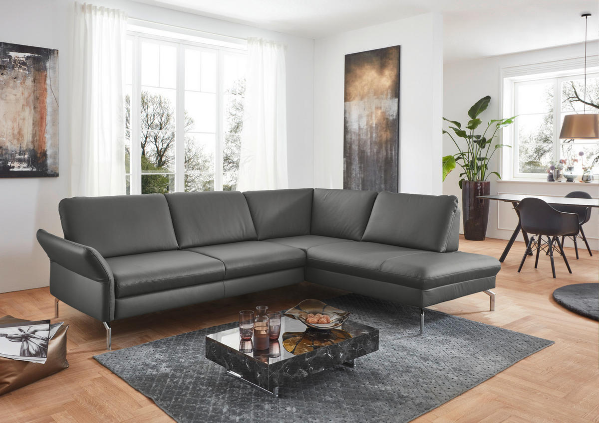 ECKSOFA in Echtleder Anthrazit  284/220 cm  - Anthrazit/Alufarben, KONVENTIONELL, Leder/Metall (284/220cm) - Beldomo Premium