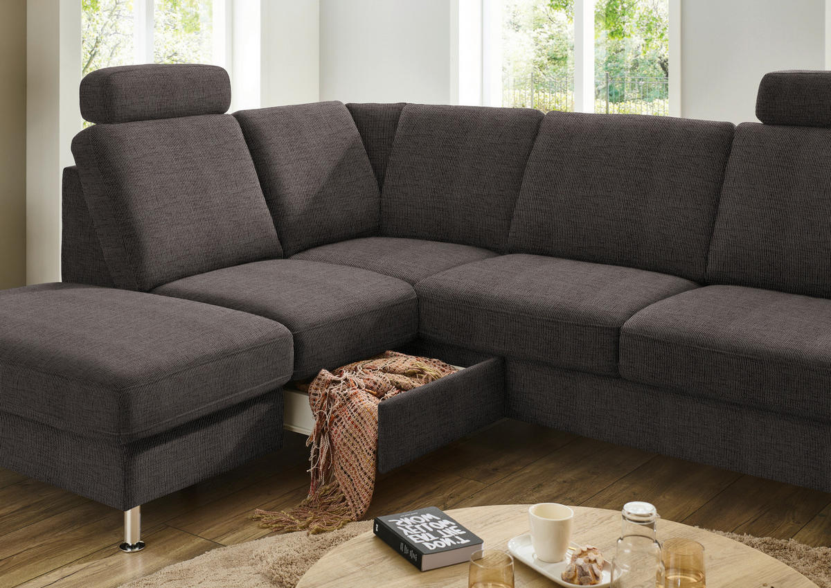 ECKSOFA in Webstoff Dunkelbraun  - Dunkelbraun/Alufarben, Konventionell, Textil/Metall (200/241cm) - Beldomo System