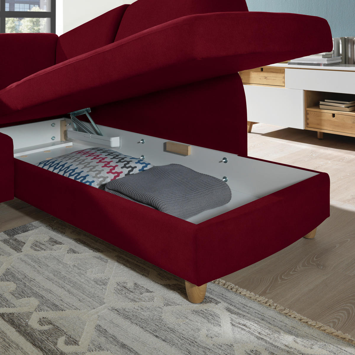 ECKSOFA in Flachgewebe Bordeaux  227/208 cm  - Eichefarben/Bordeaux, KONVENTIONELL, Holz/Textil (227/208cm) - Sedda