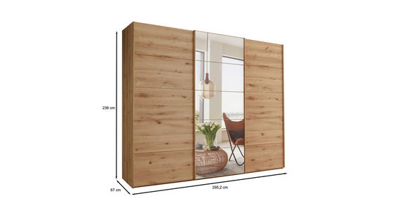 SCHWEBETÜRENSCHRANK 300/236/67 cm 3-türig  - Eiche Bianco, Natur, Glas/Holz (300/236/67cm) - Linea Natura