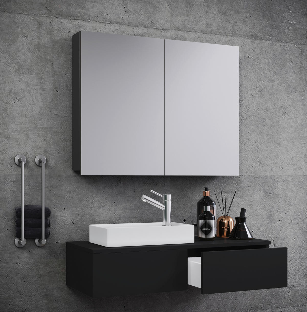 BADEZIMMER 3-teilig  in 85 cm  - Weiss/Schwarz, Modern, Keramik/Holzwerkstoff (85cm) - MID.YOU