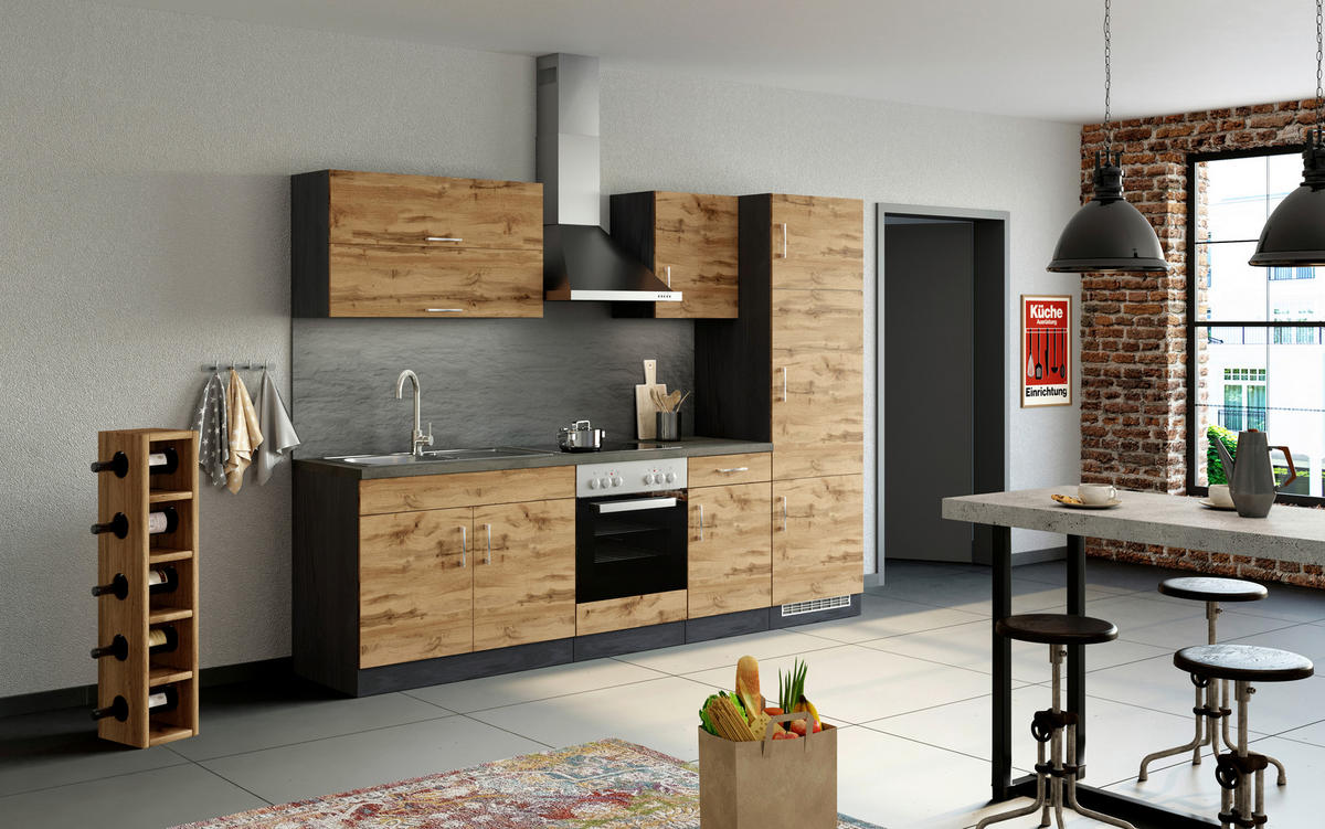 KÜCHENBLOCK 270 cm   in Graphitfarben, Eiche Wotan  - Chromfarben/Schieferfarben, Modern, Holzwerkstoff/Metall (270cm) - Held