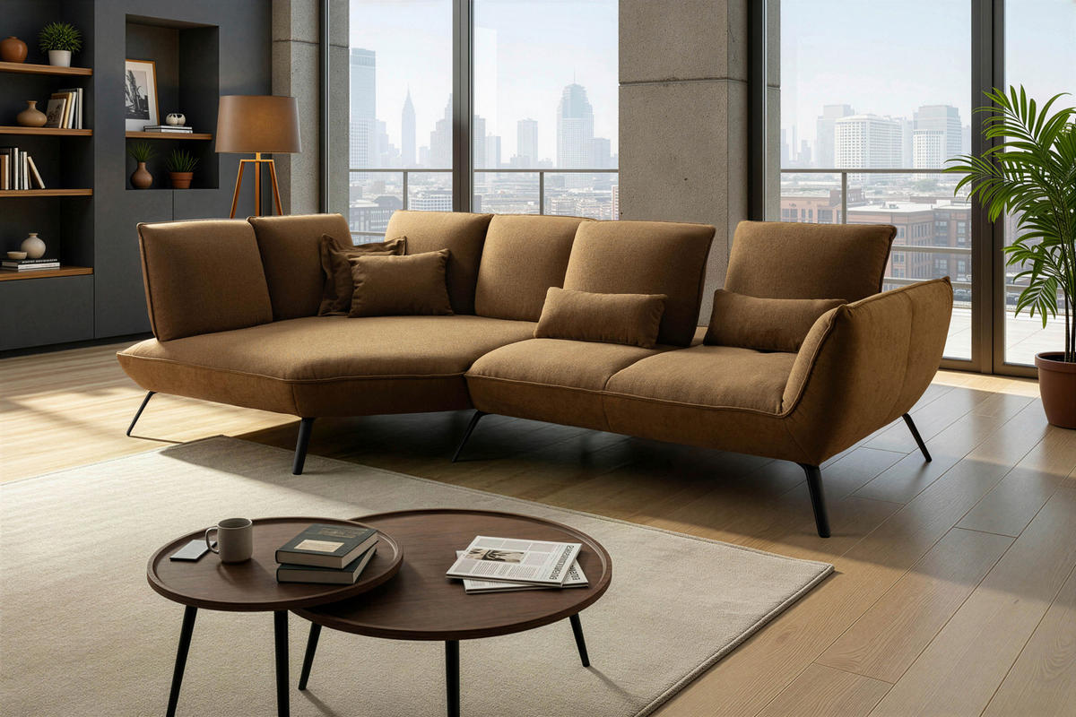 ECKSOFA Braun Flachgewebe Nierenkissen, Rücken echt  - Schwarz/Braun, Design, Textil/Metall (169/320cm) - Moderano