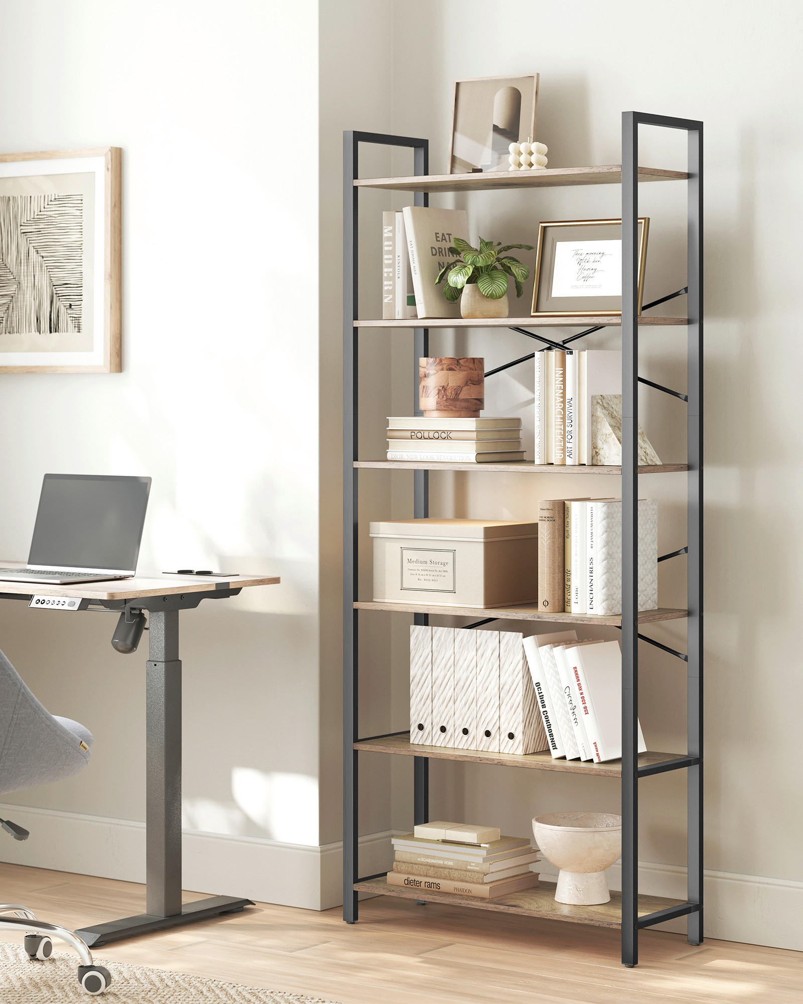 REGÁL, čierna, farba vlašského orecha, oceľ, 80/186/30 cm - čierna/farba vlašského orecha, Basics, kov/kompozitné drevo (80/186/30cm) - Boxxx