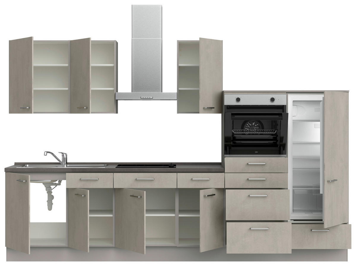 KÜCHENBLOCK 330 cm   in Grau, Schieferfarben  - Schieferfarben/Edelstahlfarben, MODERN, Holzwerkstoff/Metall (330cm) - Nobilia