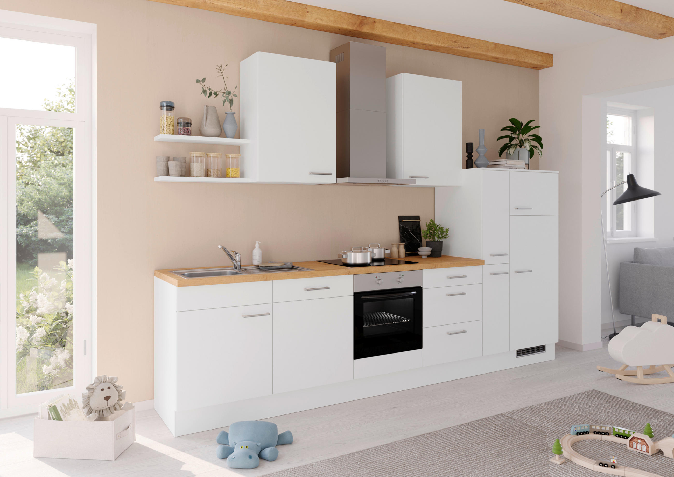 KÜCHENLEERBLOCK 330 cm   in Weiß  - Edelstahlfarben/Eichefarben, Design, Holzwerkstoff/Metall (330cm) - Impuls