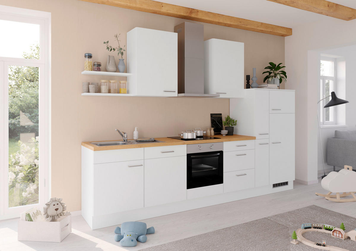 KÜCHENLEERBLOCK 330 cm   in Weiß  - Edelstahlfarben/Eichefarben, Design, Holzwerkstoff/Metall (330cm) - Impuls