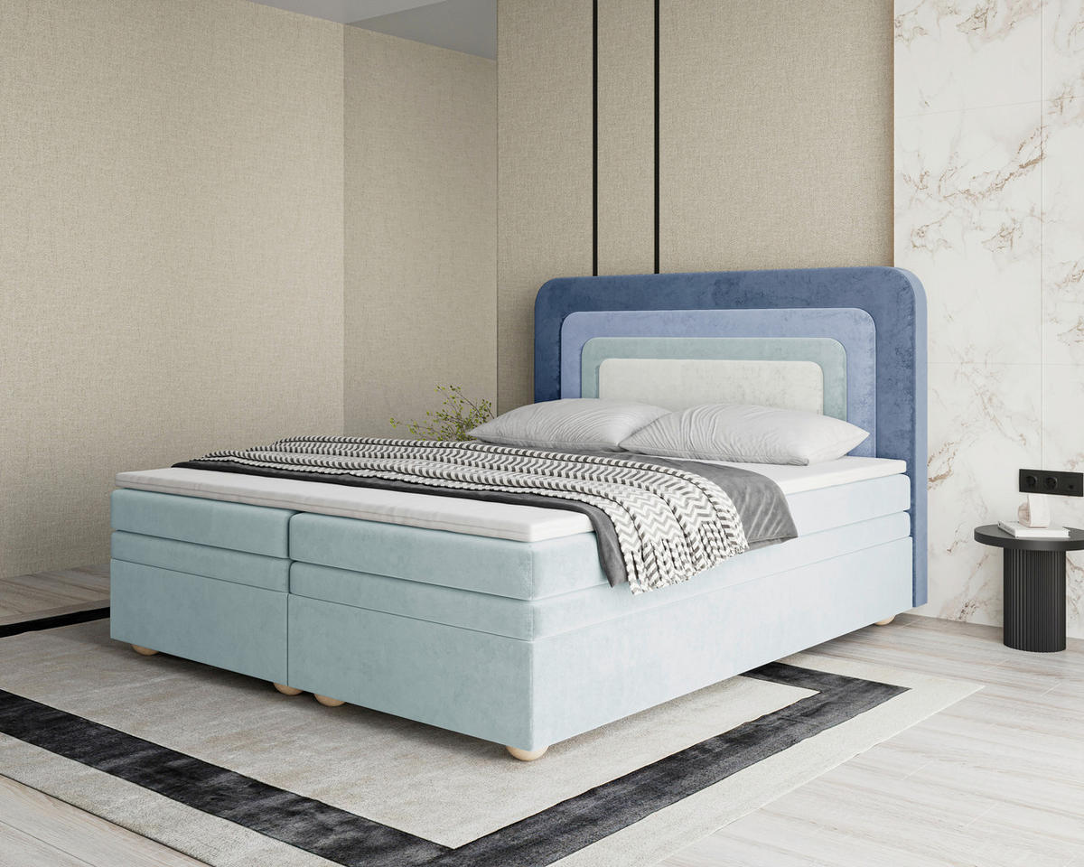 BOXBETT 180/200 cm,  in Dunkelblau, Mintgrün, Graublau, gepolstertes Kopfteil, Bettkasten, Topper, H2 + H3 = mittel + fest  - Graublau/Braun, MODERN, Holz/Kunststoff (180/200cm) - Livetastic